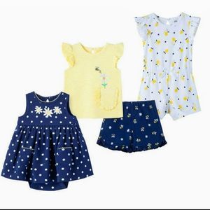 NWT Little Me 4-piece set 3 outfits Girl Infant Baby Shower Gift 3M Blue Yellow